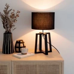 Maisons Du Monde Lampes à Poser Lampe En Bois D'hévéa Et Abat-jour En Coton Noir -Luminaires Contemporain Soldes lampe en bois d hevea et abat jour en coton noir 1000 0 28 229177 4