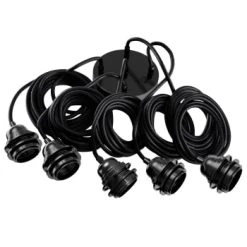 Hoopzi Suspensions Suspension 5 Fils électriques En Tissu Noir 3,5m Douille Noire -Luminaires Contemporain Soldes suspension 5 fils electriques en tissu noir 3 5m douille noire 7