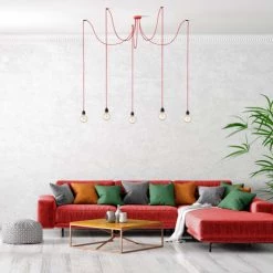 Hoopzi Suspensions Suspension 5 Fils électriques En Tissu Rouge 3,5m Douille Noire -Luminaires Contemporain Soldes suspension 5 fils electriques en tissu rouge 3 5m douille noire 3